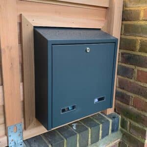 Large Post Box For Gates & Fences Rear Access Gatehouse W3-3 Rear View Lifestyle Image Gate Mounted Letterbox In Dark Grey W3 3