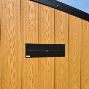 Gate Letterbox Outdoor Rear Access Gatehouse W3-1 Black Front View Lifestyle Image Large Post Box W3 1 No Trim