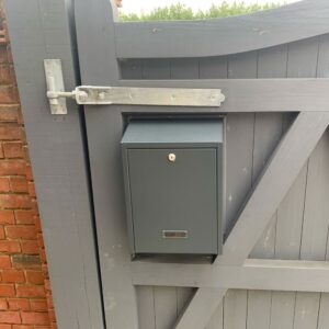 Rear Access Post Box For Gates & Fences W3-1 Dark Grey Back View Closed Lifestyle Image Rear Access Post Box For Gates & Fences W3 1 In Dark Grey Lifestyle Rear View Image