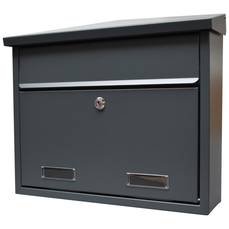 wall mounted post box with front and top letter slot in dark grey