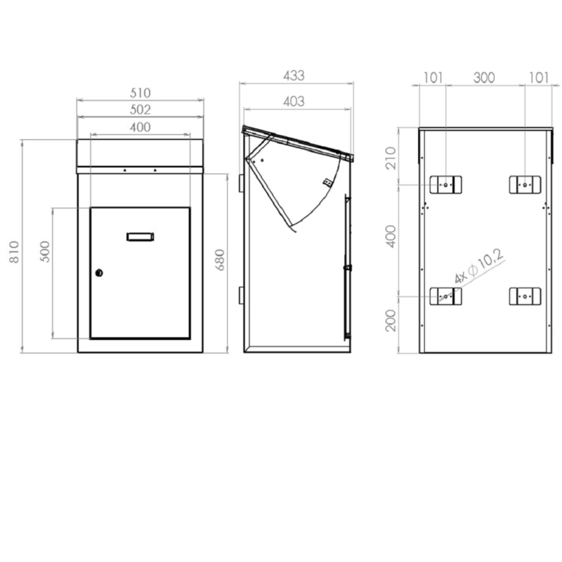 Delta Large Wall Mounted Parcel Drop Box drawings with dimensions