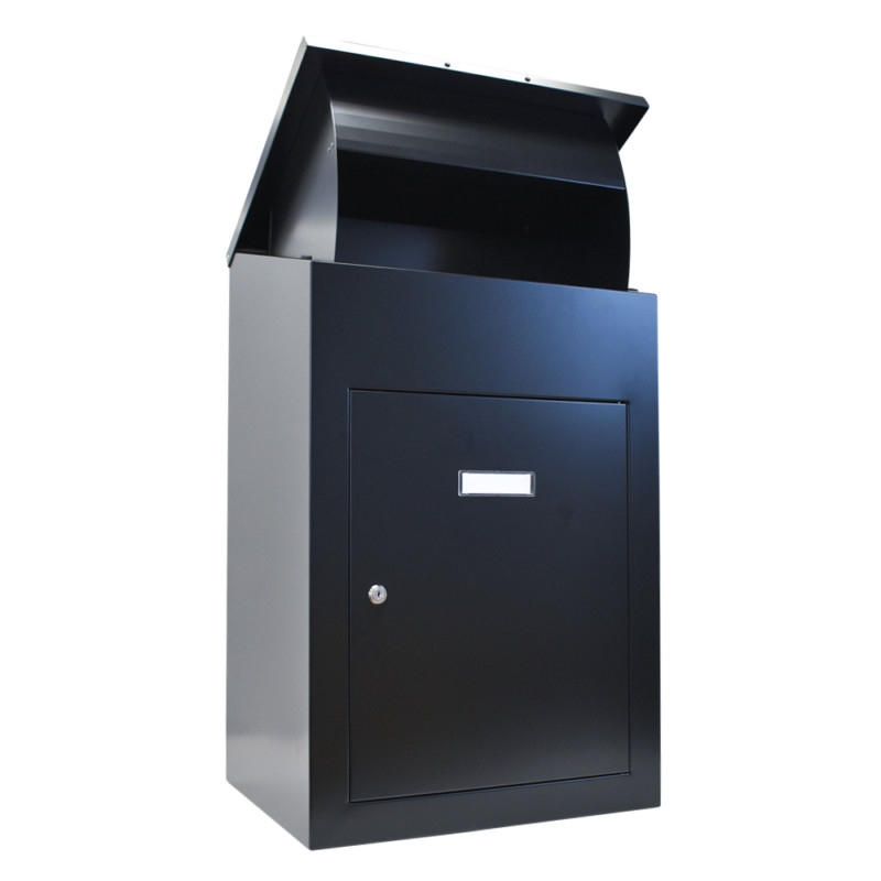 Delta XL Secure wall mounted parcel box in black front view with lid open