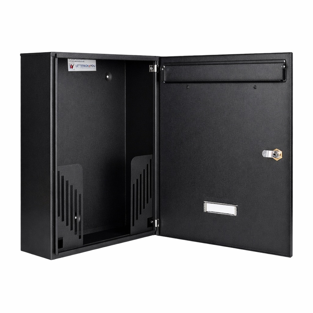 Black Lockable Wall Mounted Post Box External W5 Black Matt Open Internal View Black Lockable Wall Mounted Post Box External W5 Black Matt Open Internal View
