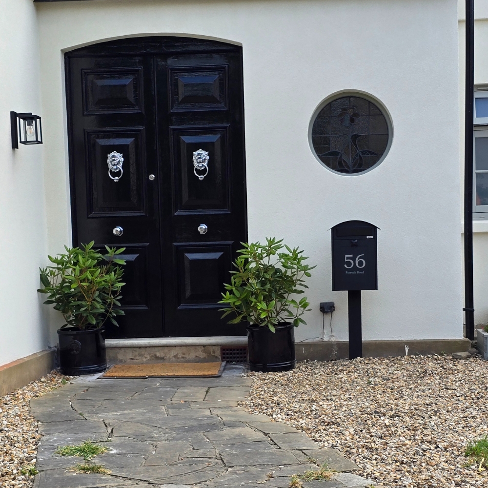 Secured Outdoor Free Standing Letterbox   Albertina In Black With FR 2 Stand   Lifestyle