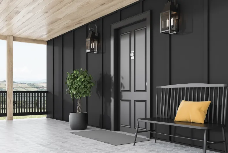 Stylish Black Front Door And Modern House With Black Walls