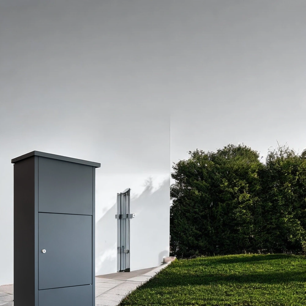 Outdoor parcel box Goldcrest placed outside, anthracite grey with freestanding design