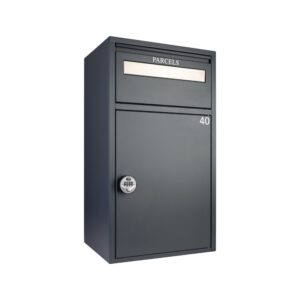 Secure Letter And Parcel Box For Flats And Offices Starling Grey With Combination Lock Angled Shot Secure Letter And Parcel Box For Flats And Offices Starling Grey With Combination Lock Angled Shot