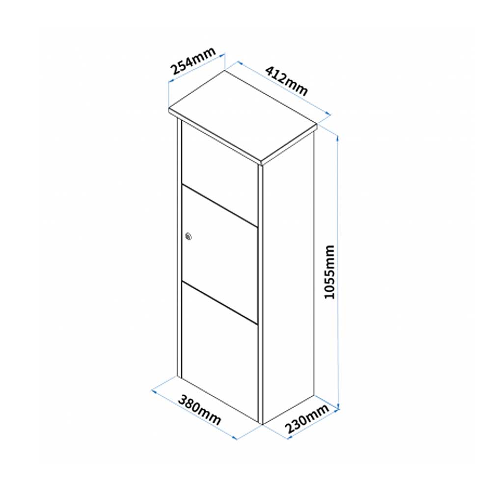 Outdoor parcel box Goldcrest, dimensions showing height, width, and depth