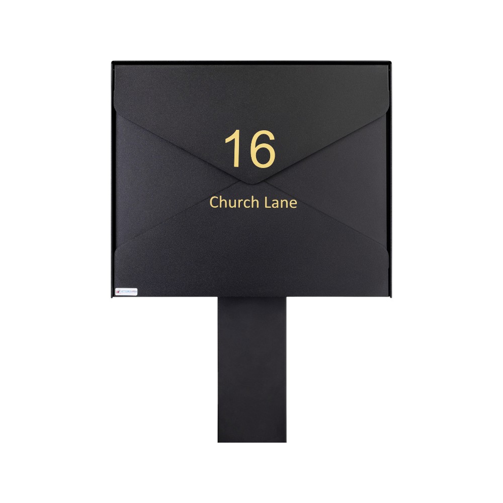 Gavia Black Letterbox Free Standing External   Black Stand   Gold Personalisation