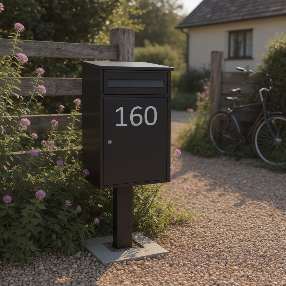 Secure Weather Resistant Free Standing Parcel Box Front Access   Woodpecker In Black   Black FR 2 Stand   Personalised