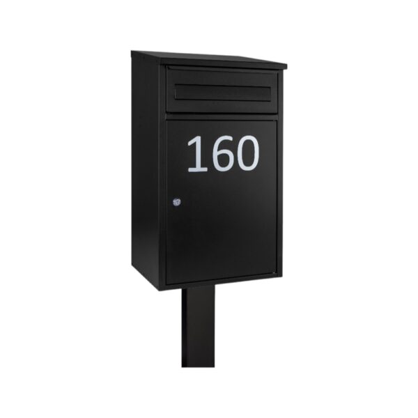 Secured Outdoor Free Standing Parcel Box Woodpecker Black Personalised With Black FR 2 Stand