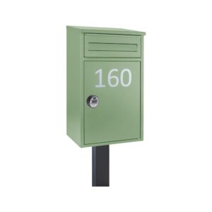 Secure Lockable Outdoor Free Standing Parcel Box Woodpecker In Pale Green Combination Lock And FR 2 Stand Dark Grey Variant.jpg Secure Lockable Outdoor Free Standing Parcel Box Woodpecker In Pale Green Combination Lock And FR 2 Stand Dark Grey Variant.jpg