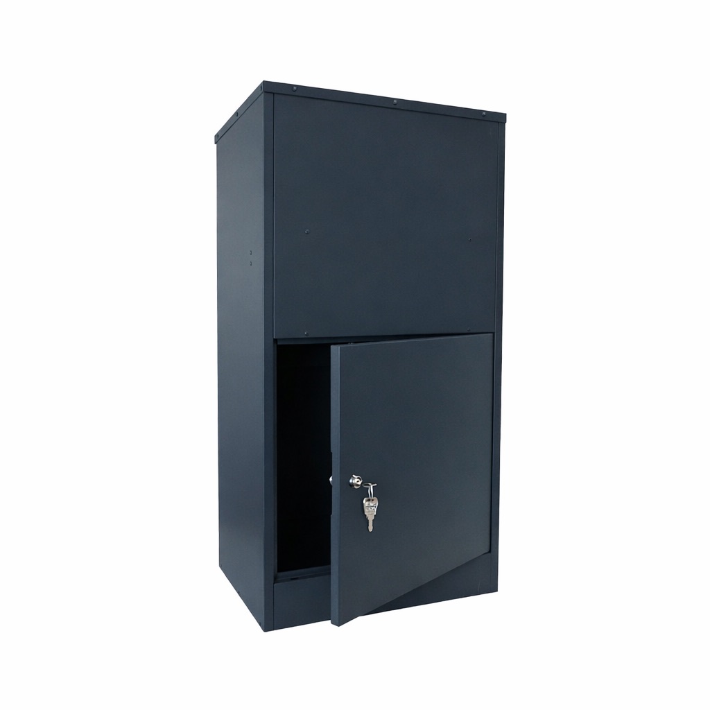Buzzard Extra Large Rear Access Parcel Box   Anthracite Grey   Rear Angle With Lock And Key   Open Compartment