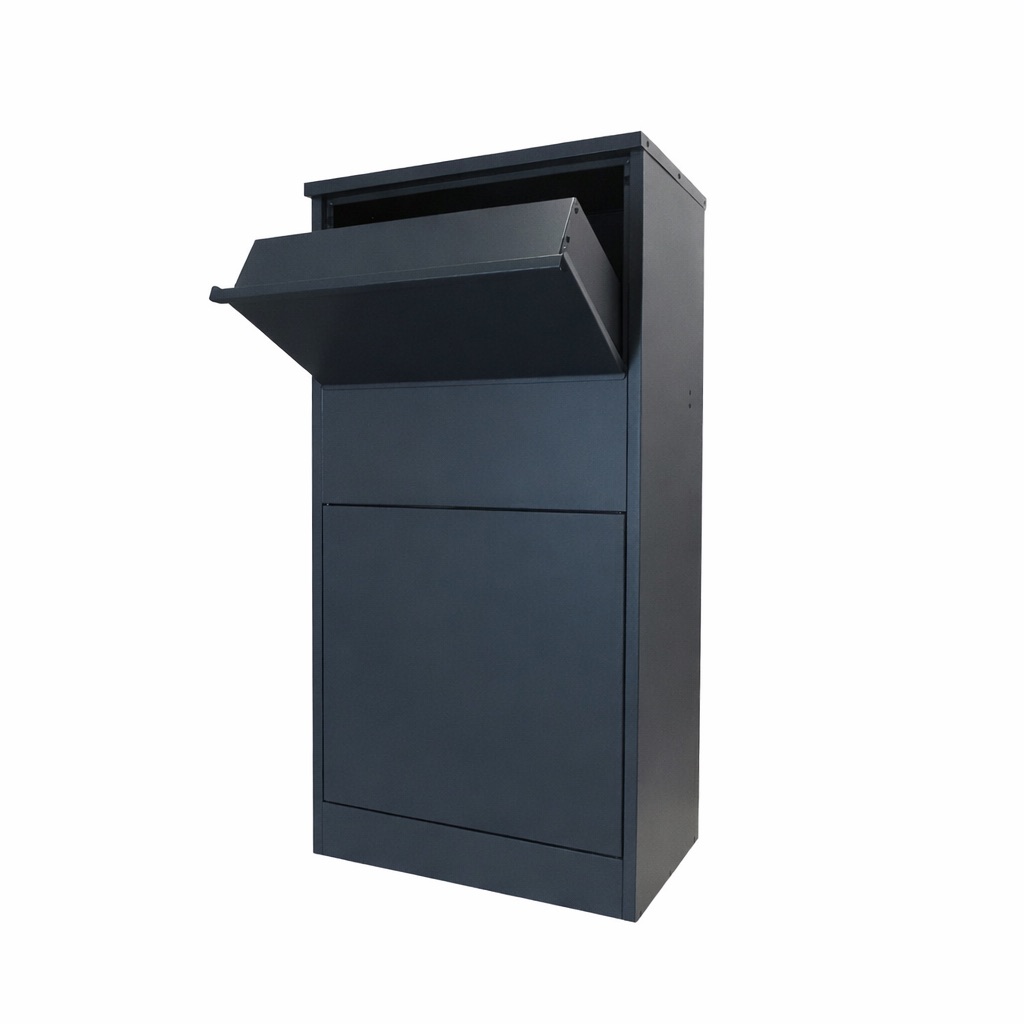 Buzzard Extra Large Rear Access Parcel Box   Anthracite Grey   Side Angle   Open Parcel Drop