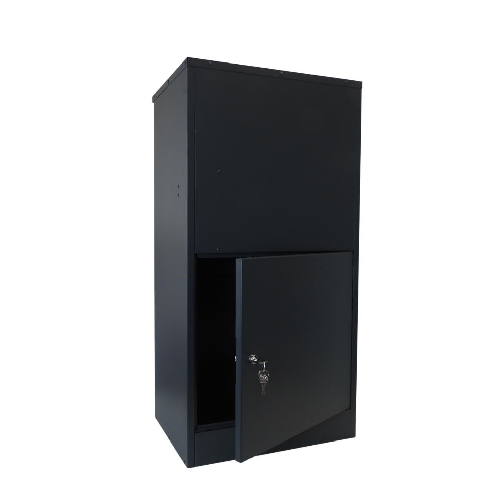 Buzzard Extra Large Rear Access Parcel Box   Black   Rear Angle With Lock And Key   Open Compartment