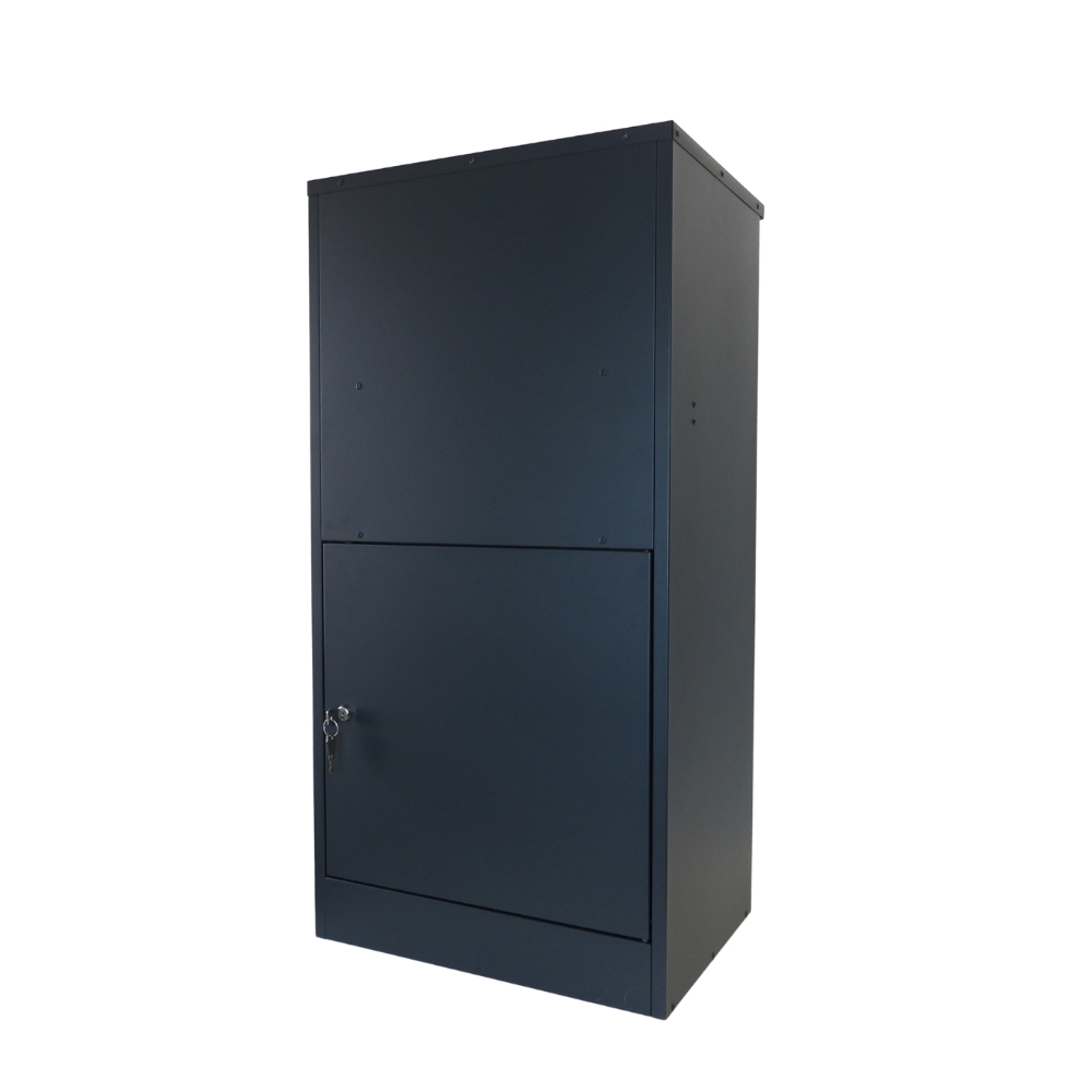 Buzzard Extra Large Rear Access Parcel Box   Black   Rear Angle With Lock And Key