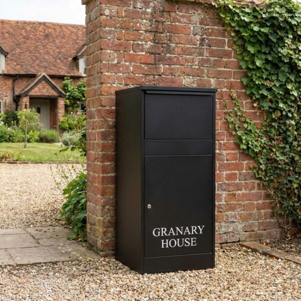 Free Standing Front Access Buzzard Outdoor Extra Large Parcel Box Black Lifestyle Photo