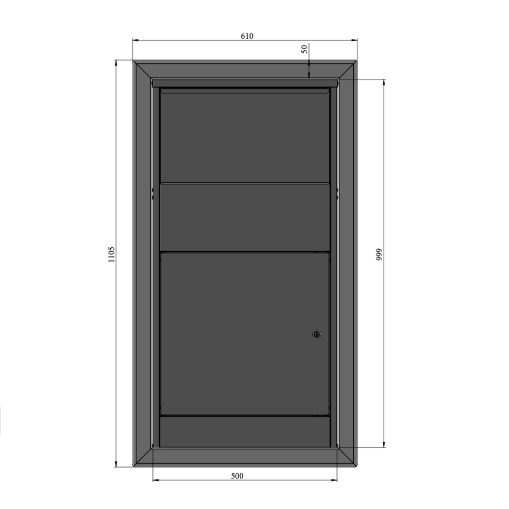 Front Access Recess Mounted Extra Large Buzzard Parcel Box With Trim Dimension Drawing Front Front Access Recess Mounted Extra Large Buzzard Parcel Box With Trim Dimension Drawing Front