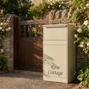 Modern Minimalist Free Standing Front Access Buzzard Outdoor Extra Large Parcel Box Pebble Grey Personalisation Lifestyle Photo Modern Minimalist Free Standing Front Access Buzzard Outdoor Extra Large Parcel Box Pebble Grey Personalisation Lifestyle Photo