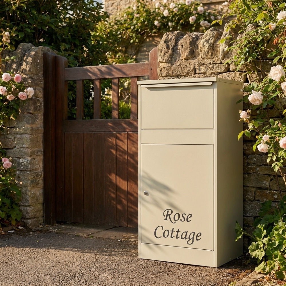 Modern Minimalist Free Standing Front Access Buzzard Outdoor Extra Large Parcel Box   Pebble Grey Personalisation   Lifestyle Photo